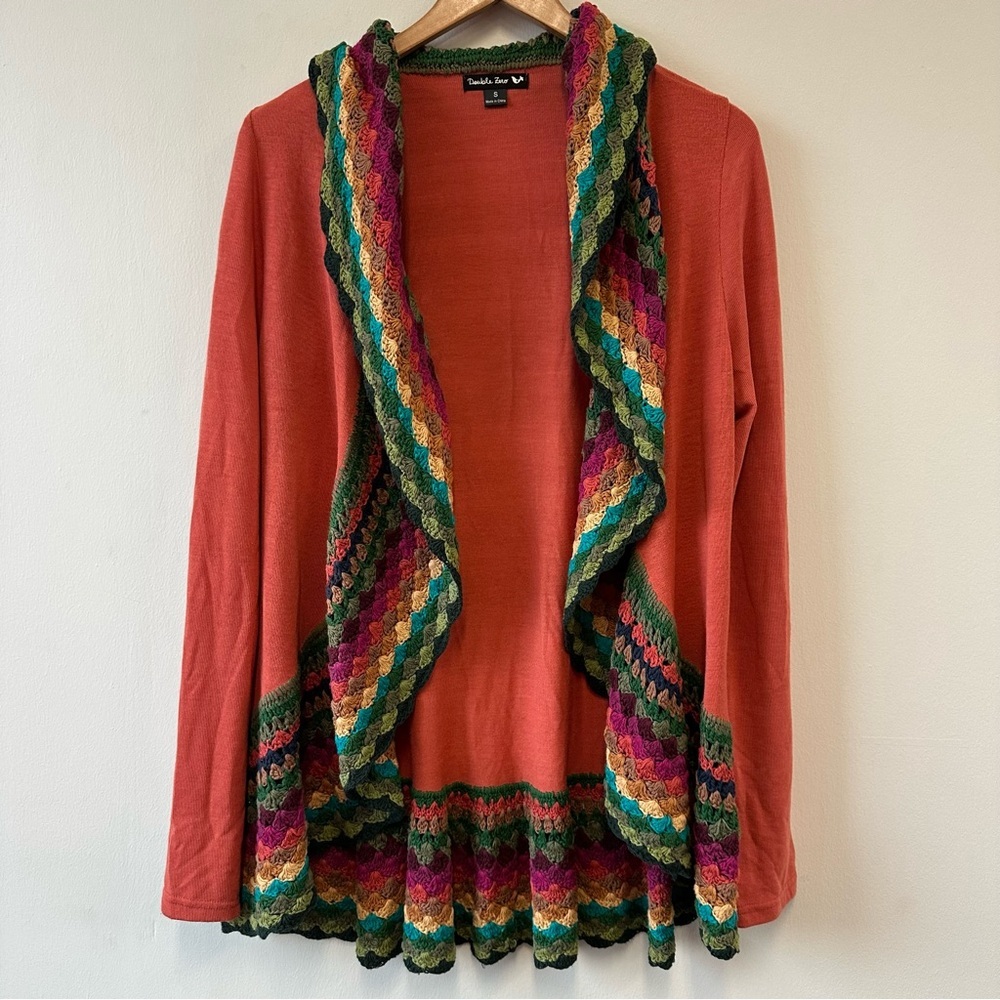 Double Zero Multicolor Crochet Ruffle Open Front Cardigan